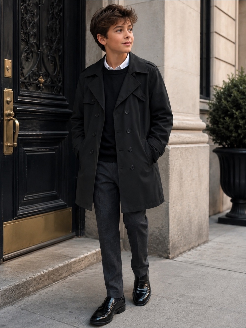 S. Rothschild Boys Black Double-Breasted Trench Coat 18
